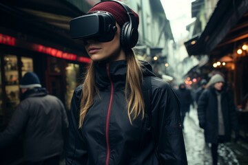 A teenager walking through the city wearing virtual reality glasses.