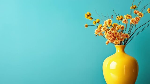 Wooden table with yellow vase with bouquet of yellow field flowers near empty blue wall. Home interior background with copy space. Animation with zoom effect. High quality 4k footage
