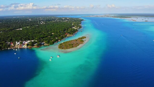 Lagoon of Seven Colors at Bacalar with Tropical Turquoise Waters, Paradise Vacation in Mexico from an Aerial Drone Dolly Shot.