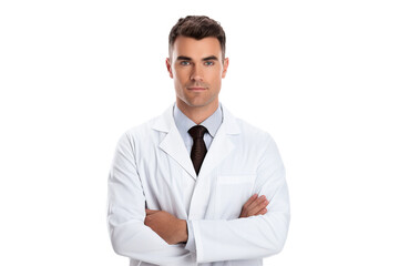 A young male medical doctor wear doctors uniform and stethoscope isolated on transparent background.