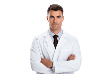 A young male medical doctor wear doctors uniform and stethoscope isolated on transparent background.
