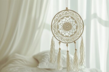 White handmade dreamcatcher in bedroom. Interior decoration. Beautiful dream catcher inside white room at home