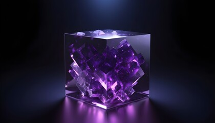crystal purple cube isolated on dark background