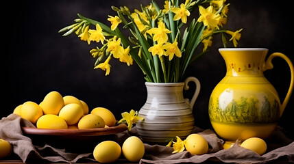 Yellow daffodils and easter eggs on a dark background. Greeting card on an Easter theme. Happy Easter concept.