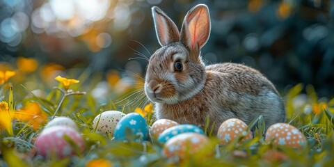 Fototapeta na wymiar Easter bunny hunting for colored eggs, religious holiday Easter, resurrection of Jesus Christ