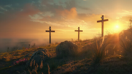 Image with three crosses on a hill at sunset for Easter feast Jesus Christ crucifixion concept. - obrazy, fototapety, plakaty