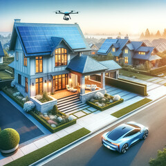 Fototapeta na wymiar Smart Home of the Future: Solar-Powered with Autonomous Car and Drone