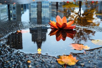 Autumn Reflection of an Artificial Lotus Flower in an Urban Puddle