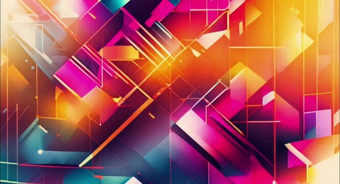 Complex abstract video with multicolored geometric shapes and digital light effects.