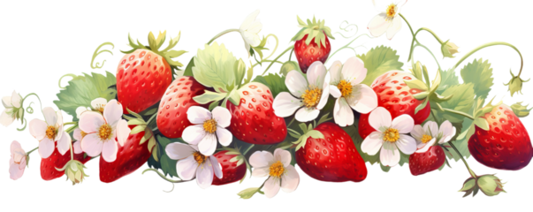 A fresh red strawberries, leaves and flower isollated on the transparent background
