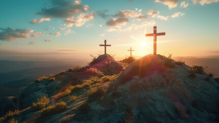 Image with three crosses on a hill at sunset for Easter feast Jesus Christ crucifixion concept. - obrazy, fototapety, plakaty