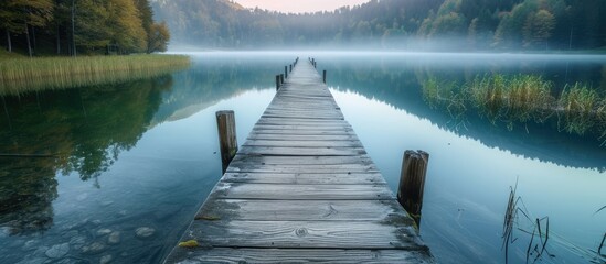 A wooden pier stretching far into a tranquil lake, creating a serene scene of reflection and tranquility. The dock leads to the peaceful waters, surrounded by the beauty of nature. - obrazy, fototapety, plakaty