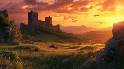 The remnants of a medieval fortress atop a steep hill with the warm glow of dusk casting a peaceful yet mysterious atmosphere