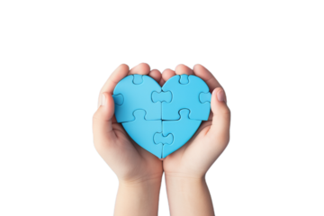 A blue heart in the child hands isollated on the transparent background.