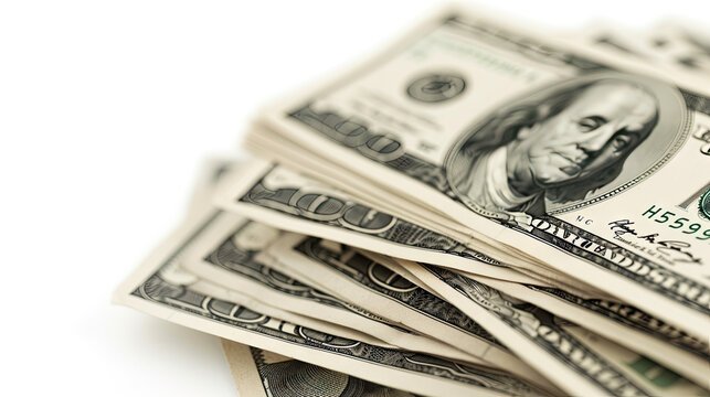 Money Stack: Hundred Dollars of America, Falling Money over Solid White Background