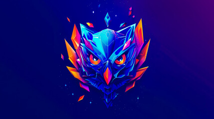 Bright Luminous owl head on dark blue background. Creative Artwork
