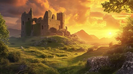 Obraz premium Ancient castle remains standing on a rugged promontory overlooking a valley bathed in the golden light of the setting sun