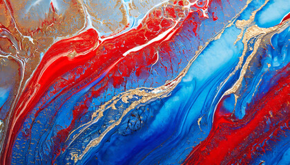 Abstract colorful acrylic pour painting on canvas, Close up blue and red colors with golden foil