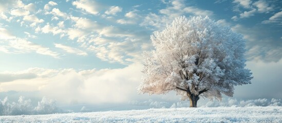 A captivating scene showcasing a majestic big tree standing tall in an ethereal white landscape, surrounded by snow, under a cloudy sky.