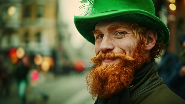Slow motion portrait of a redhead Irish msn with with a red beard and green top hat during a Saint Patrick's Day celebration