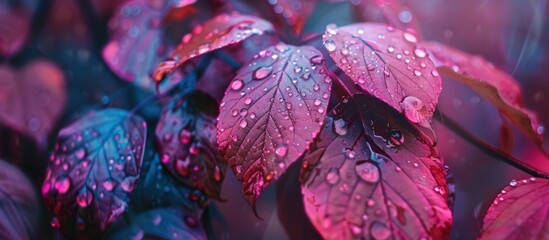 Close up raindrops water on the colorful leaves in nature view. AI generated image