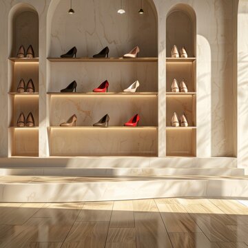 A shoes store indoor room with lots of shoes on the display rack. AI generated image