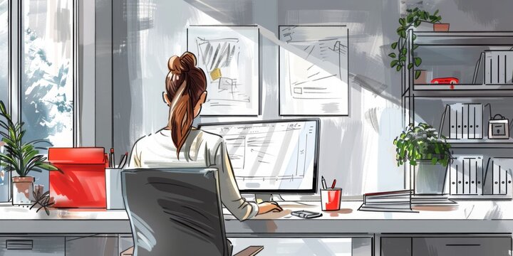 Dynamic Illustration Showcasing a Young Woman Working at the Computer in a Sleek Office, Ideal for Web Design, Remote Work Blogs, and Tech Industry Presentations