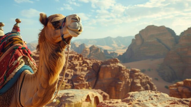 Close up of a camel head in the desert during sunny day. AI generated image