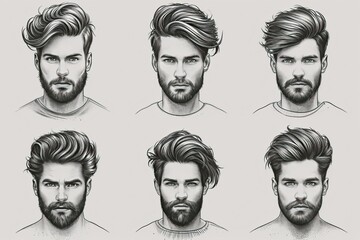 Portrait of a handsome bearded man with different hairstyles. Set of portraits. Beauty salon concept