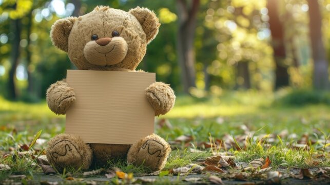 A cute teddy bear doll holding a blank brown paper board sitting on the park. AI generated image