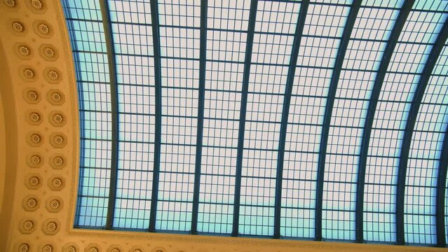 beautiful glass ceiling of old style with sky through. old union train station building in Chicago. Wide shot