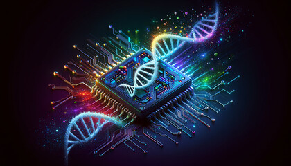 Futuristic biochip with disintegrating digital particles on black background.