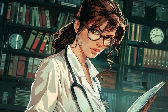 Modern illustration of female doctor. Woman medical professional in white coat holding stethoscope. Healthcare, medicine, and medical consultation concept. Ideal for National Doctor's Day