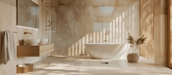 Modern bathroom with shower, bathtub and stylish marble tiles. AI generated image