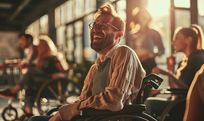 Inclusive image showing happy smiling disabled office colleagues in wheelchairs