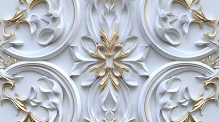 minimalist white and gold 3d rendered elegant art nouveau floral style pattern, for ceiling, wall wallpaper, packaging, and more printing product