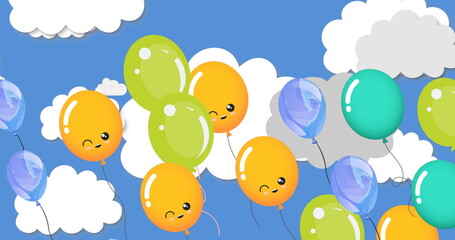 Image of colorful balloons flying over cloudy sky