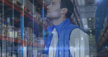 Image of statistics financial data processing over man working in warehouse