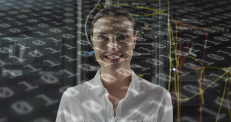 Image of binary coding over caucasian female it engineer with tablet checking computer servers
