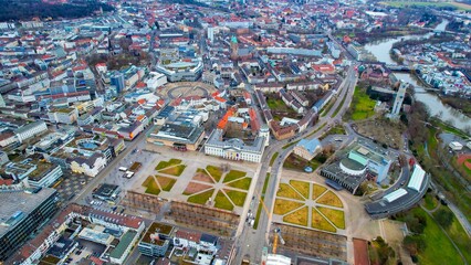 Aerial around the downtown of the city Kassel in Germany on a cloudy day in winter	 - obrazy, fototapety, plakaty