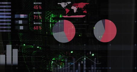 Image of data and statistics processing over green lights of computer servers