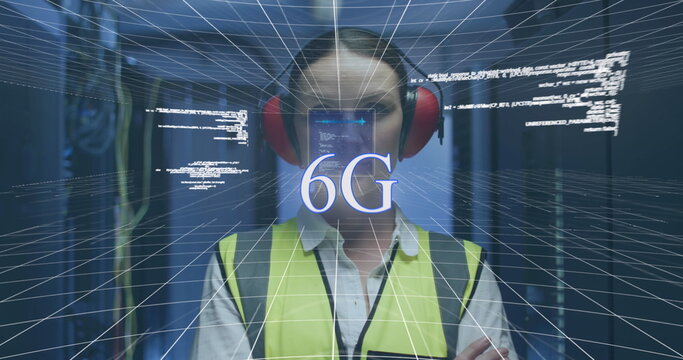 Image of data processing and 6g text over caucasian female it engineer by computer servers