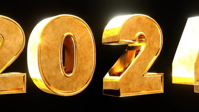 new year 2024 golden text motion 3d modeling cinematic animation as  deep black background.