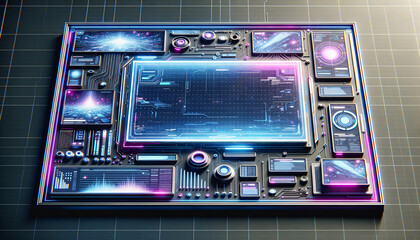 Futuristic bulletin board system with holographic elements and vibrant colors.