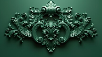 Elegant 3D render with a green emerald background showcasing Rococo Italian-style pattern, for ceiling, wall wallpaper, packaging, and more printing product