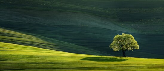 Beautiful lonely one tree on the middle of green grass field landscape. AI generated image