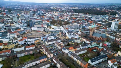 Aerial around the downtown of the city Kassel in Germany on a cloudy day in winter	 - obrazy, fototapety, plakaty