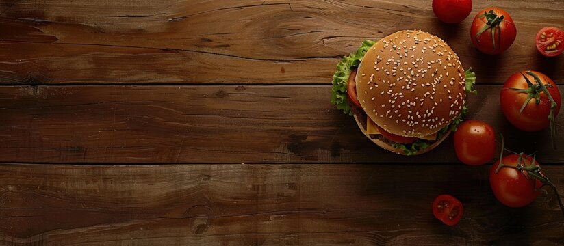 Tasty burger food on wooden board background top view. AI generated image