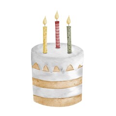 White watercolor birthday cake with candles. 