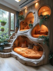 Whimsical Orange Themed Bed in Enchanted Forest Children's Room